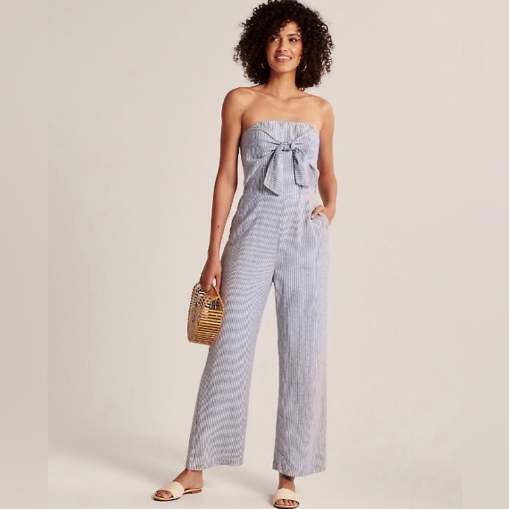 Strapless Tie-Front Striped Jumpsuit